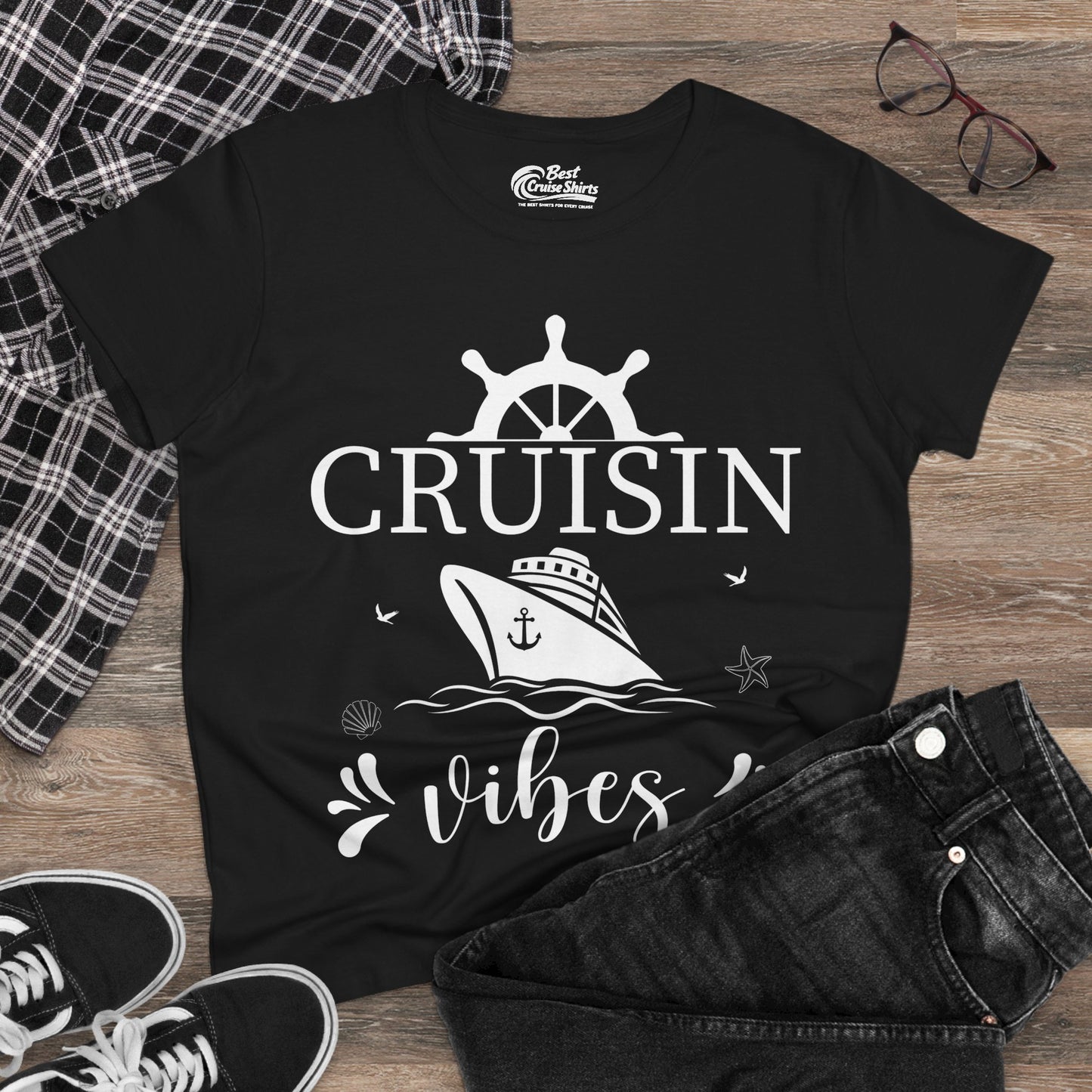 Cruisin Vibes Nautical Ocean Adventure Shirt - Bold Line Art Design Ladies Tee - View 4 - Best Cruise Shirts
