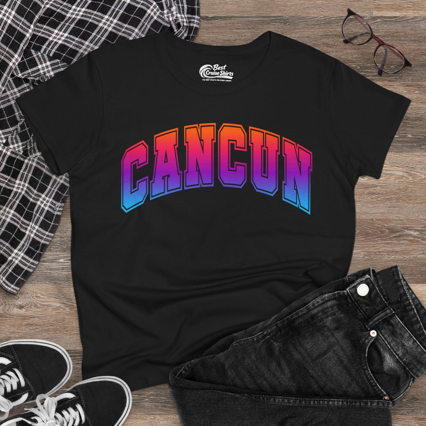 Cancun Mexico Bold Collegiate Style Shirt - Colorful Gradient Spring Break Ladies Tee - View 4 - Best Cruise Shirts