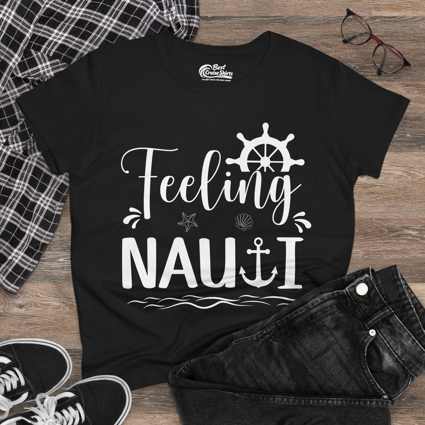 Feeling Nauti Shirt - Nautical Humor with Anchor Ship Wheel Starfish Ladies Tee - View 4 - Best Cruise Shirts
