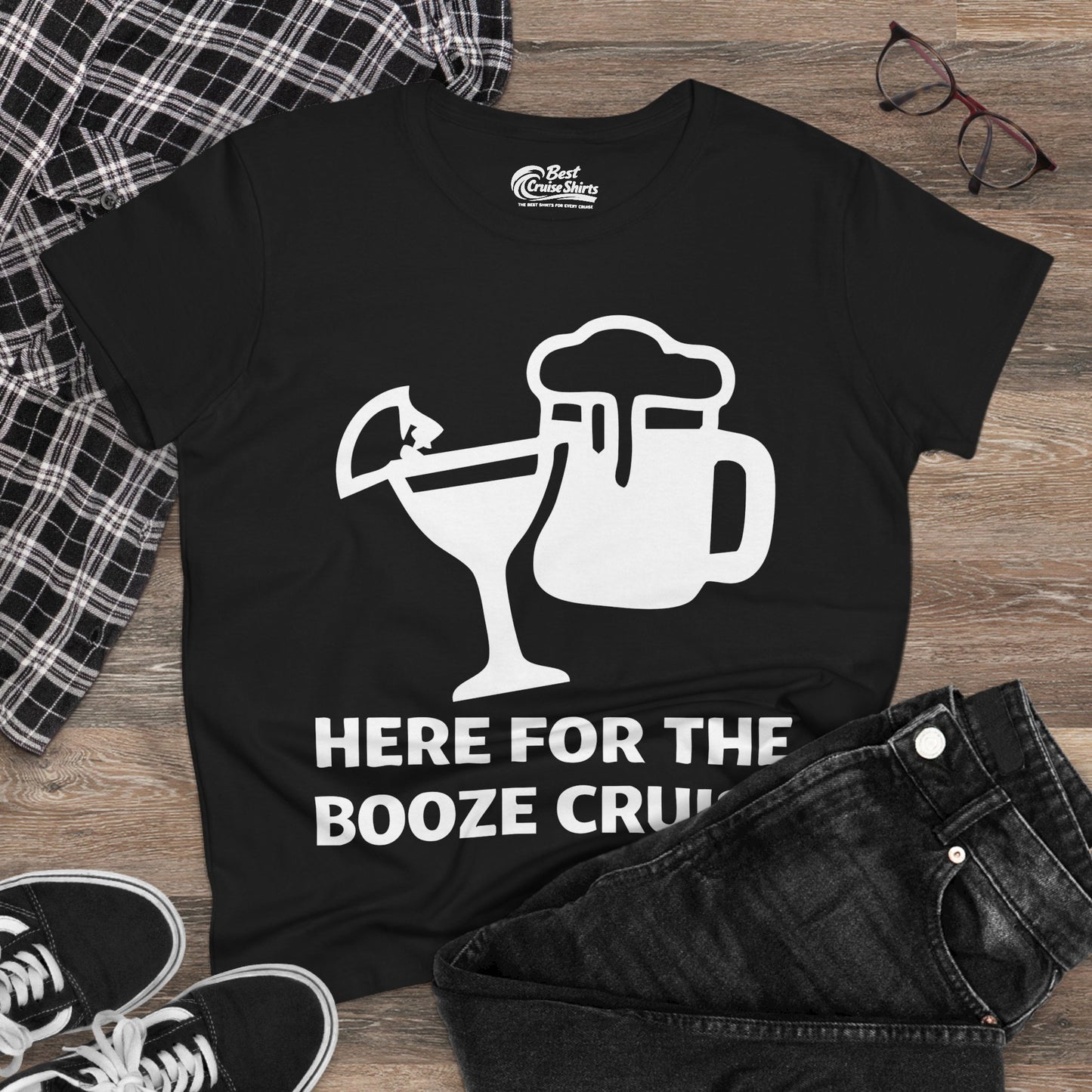 Here For The Booze Cruise Funny Drinking Team Party Shirt Ladies Tee - View 4 - Best Cruise Shirts