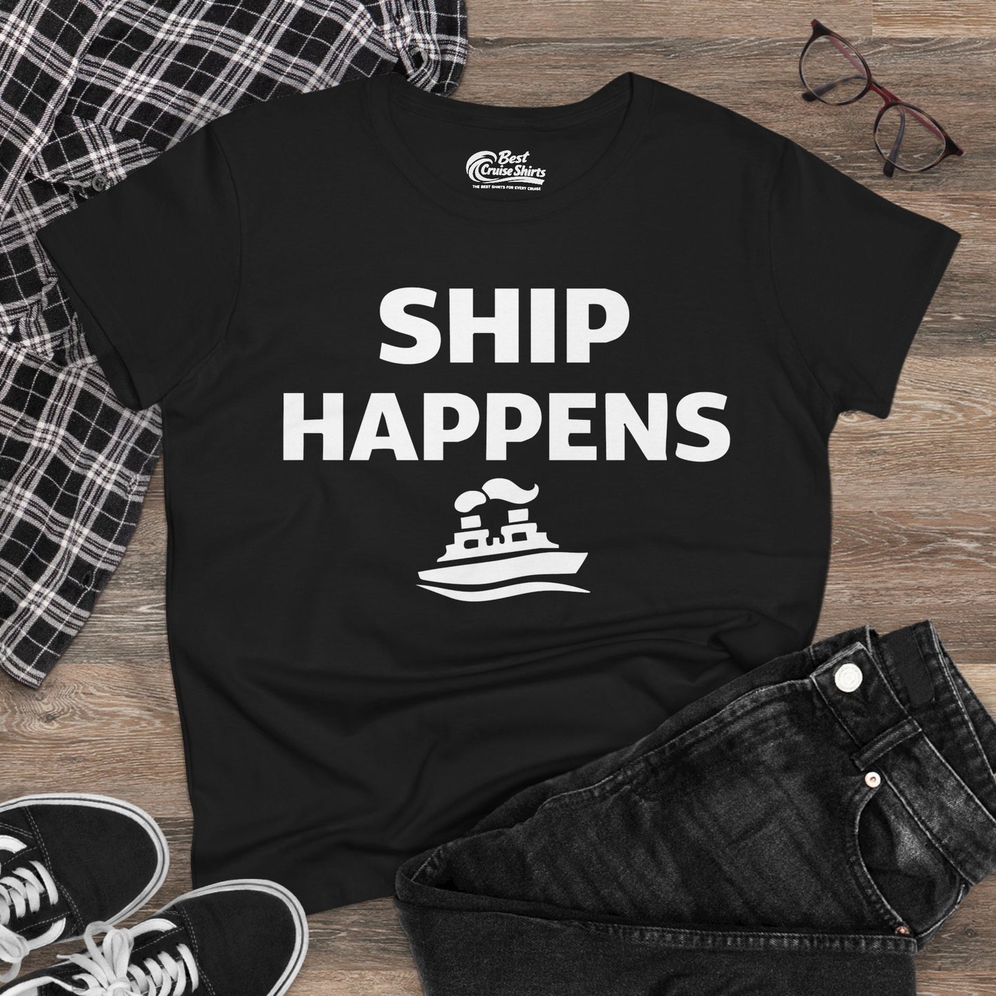 Ship Happens Shirt - Funny Cruise Ship Pun Tee With Simple Ship Graphic Ladies Tee - View 4 - Best Cruise Shirts