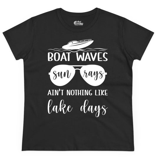 Lake Days Shirt - Fun Lake Life & Boating Summer Vibes Tee (Ladies Tee) in Black - Boat Waves Sun Rays Lake Days Summer Lake Life Shirt