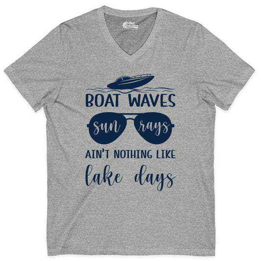 Lake Days Shirt - Fun Lake Life & Boating Summer Vibes Tee (V-Neck) in Athletic Heather - Boat Waves Sun Rays Lake Days Summer Lake Life Shirt
