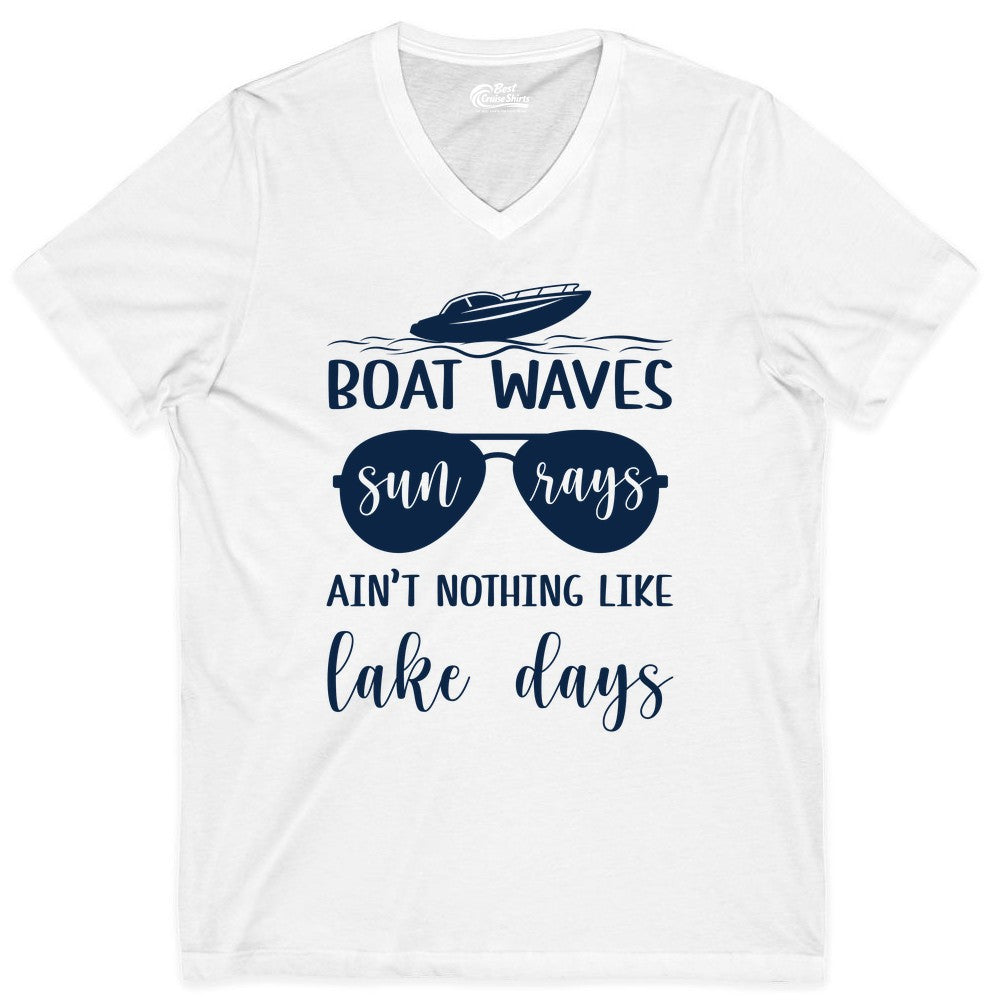 Lake Days Shirt - Fun Lake Life & Boating Summer Vibes Tee (V-Neck) in White - Boat Waves Sun Rays Lake Days Summer Lake Life Shirt