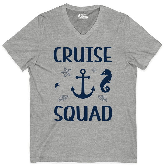 Cruise Squad Shirt - Nautical Group Shirt for Family Cruise Fun (V-Neck) in Athletic Heather - Cruise Squad Shirt - Nautical Anchor Marine Animals Group Vacation Tee