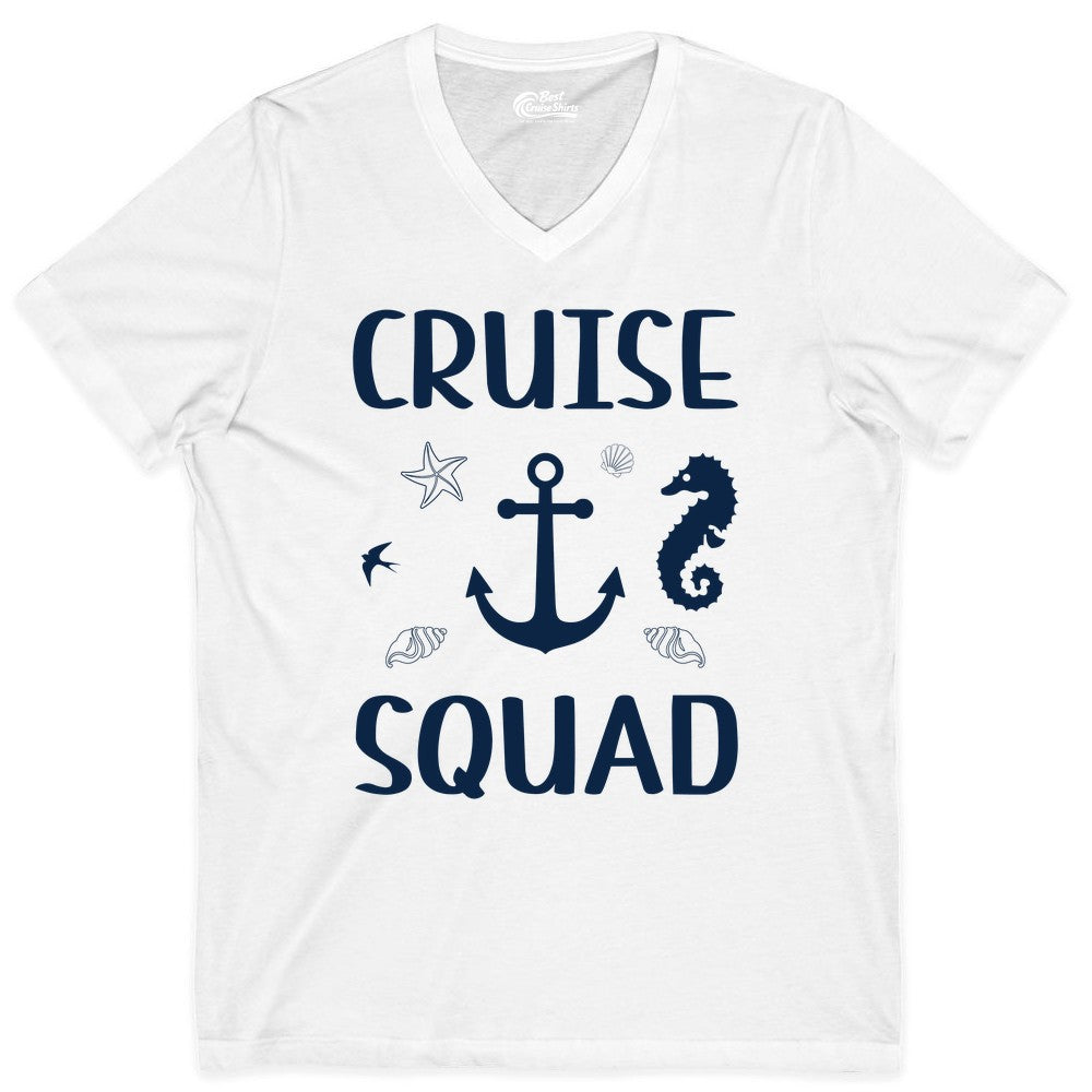 Cruise Squad Shirt - Nautical Group Shirt for Family Cruise Fun (V-Neck) in White - Cruise Squad Shirt - Nautical Anchor Marine Animals Group Vacation Tee