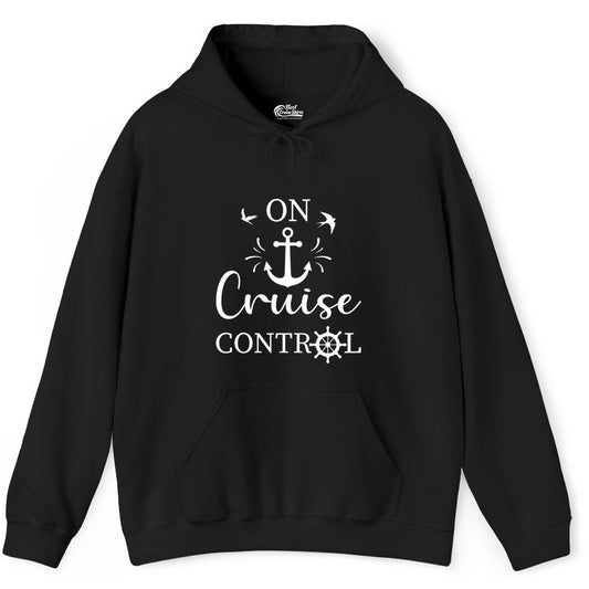 On Cruise Control Shirt - Nautical Apparel for Cruise Vacation (Hoodie) in Black - On Cruise Control Nautical Anchor and Birds Vacation Shirt Design