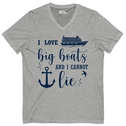 Funny Cruise Shirt - Nautical Big Boats Shirt for Cruise Lovers (V-Neck) in Athletic Heather - I Love Big Boats And I Cannot Lie Funny Cruise Shirt Nautical Anchor