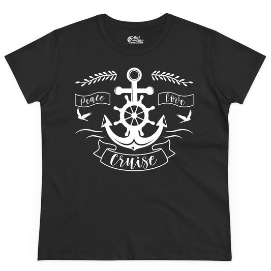 Peace Love Cruise Shirt - Nautical Theme Apparel for Vacation (Ladies Tee) in Black - Peace Love Cruise Shirt - Nautical Anchor and Wheel Line Art Design