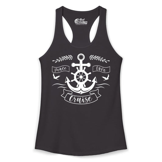 Peace Love Cruise Shirt - Nautical Theme Apparel for Vacation (Ladies Tank) in Black - Peace Love Cruise Shirt - Nautical Anchor and Wheel Line Art Design