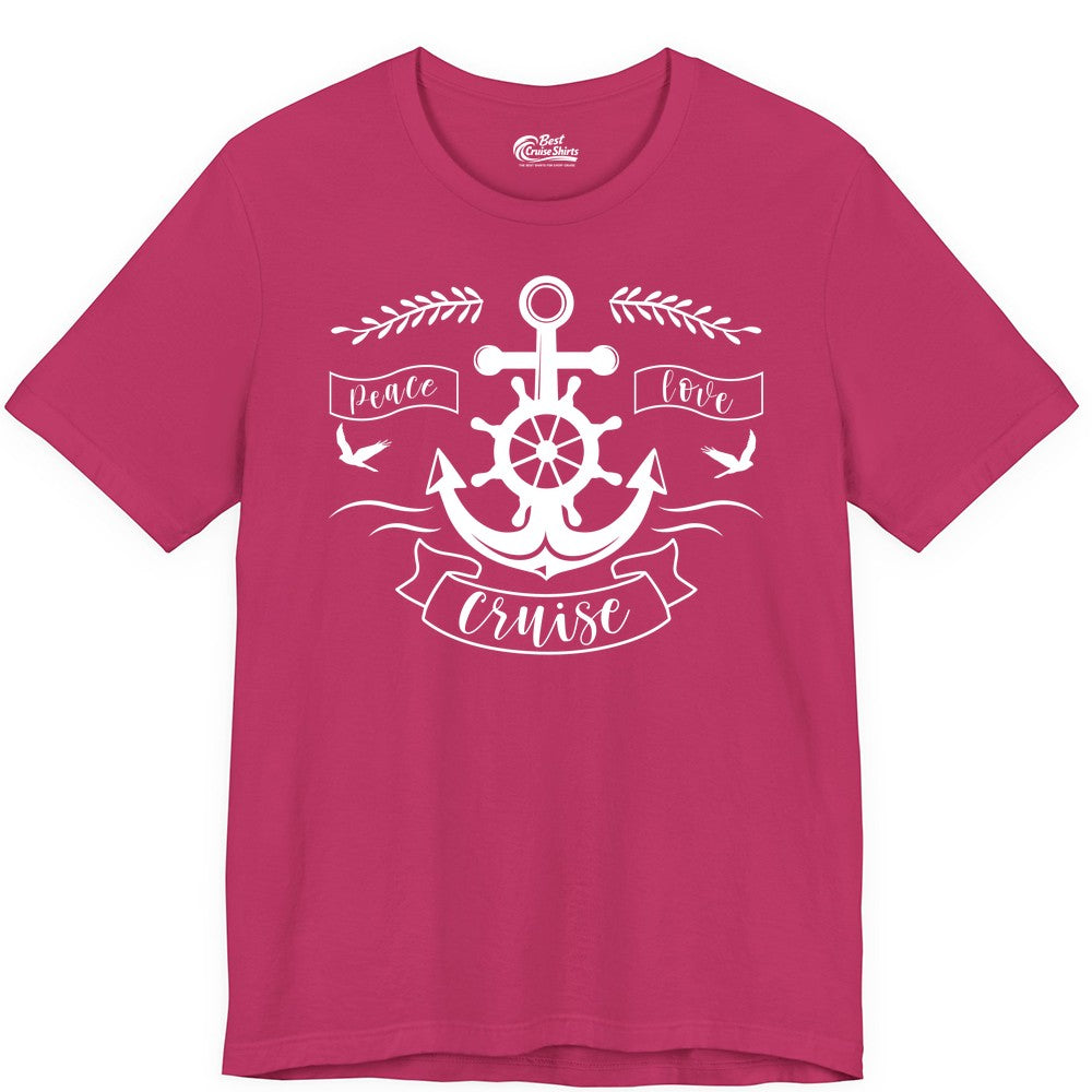 Peace Love Cruise Shirt - Nautical Theme Apparel for Vacation (Premium Tee) in Berry - Peace Love Cruise Shirt - Nautical Anchor and Wheel Line Art Design