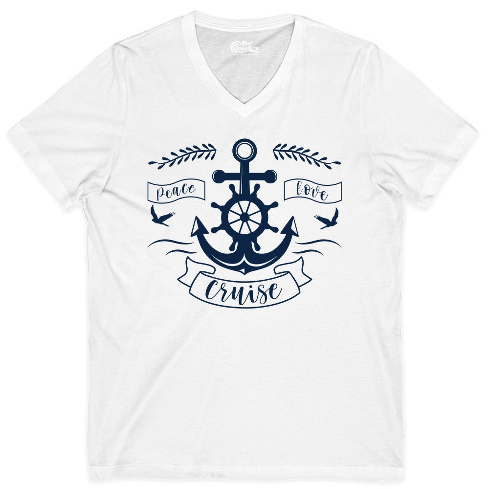 Peace Love Cruise Shirt - Nautical Theme Apparel for Vacation (V-Neck) in White - Peace Love Cruise Shirt - Nautical Anchor and Wheel Line Art Design