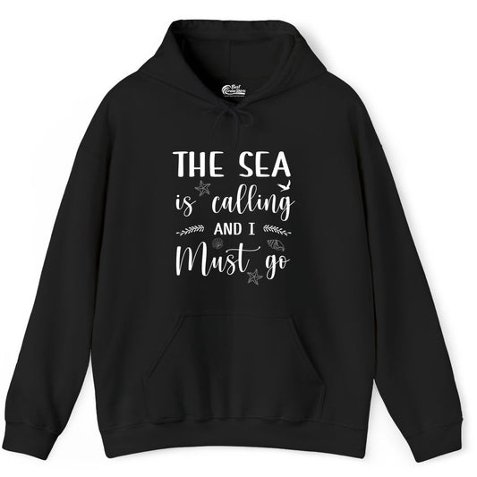 The Sea Is Calling Shirt - Ocean Lover Apparel Beach Vacation Tee (Hoodie) in Black - The Sea Is Calling Shirt - Ocean Typography With Shells and Starfish