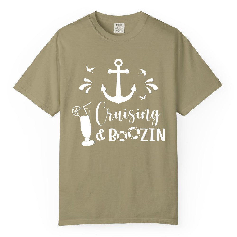 Cruise Drinking Shirt - Funny Nautical Booze Cruise Party Apparel (Comfort Color) in Khaki - Cruising and Boozin Nautical Party Shirt with Anchor and Cocktail Art