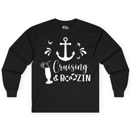 Cruise Drinking Shirt - Funny Nautical Booze Cruise Party Apparel (Long Sleeve) in Black - Cruising and Boozin Nautical Party Shirt with Anchor and Cocktail Art