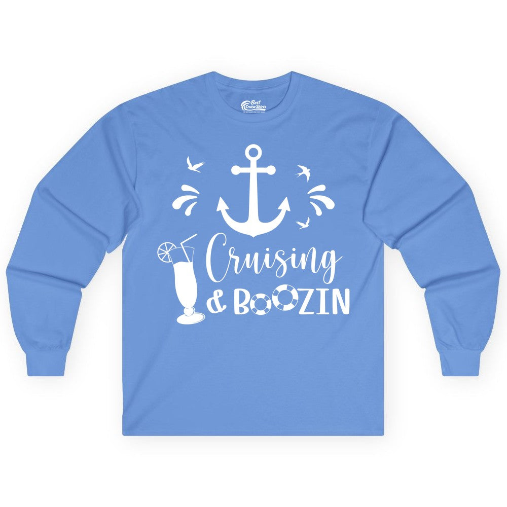 Cruise Drinking Shirt - Funny Nautical Booze Cruise Party Apparel (Long Sleeve) in Carolina Blue - Cruising and Boozin Nautical Party Shirt with Anchor and Cocktail Art