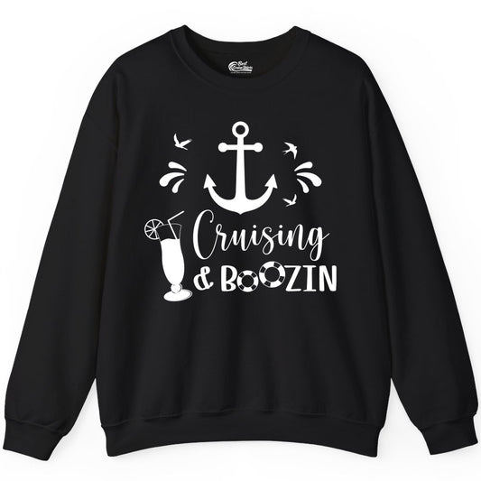 Cruise Drinking Shirt - Funny Nautical Booze Cruise Party Apparel (Sweatshirt) in Black - Cruising and Boozin Nautical Party Shirt with Anchor and Cocktail Art