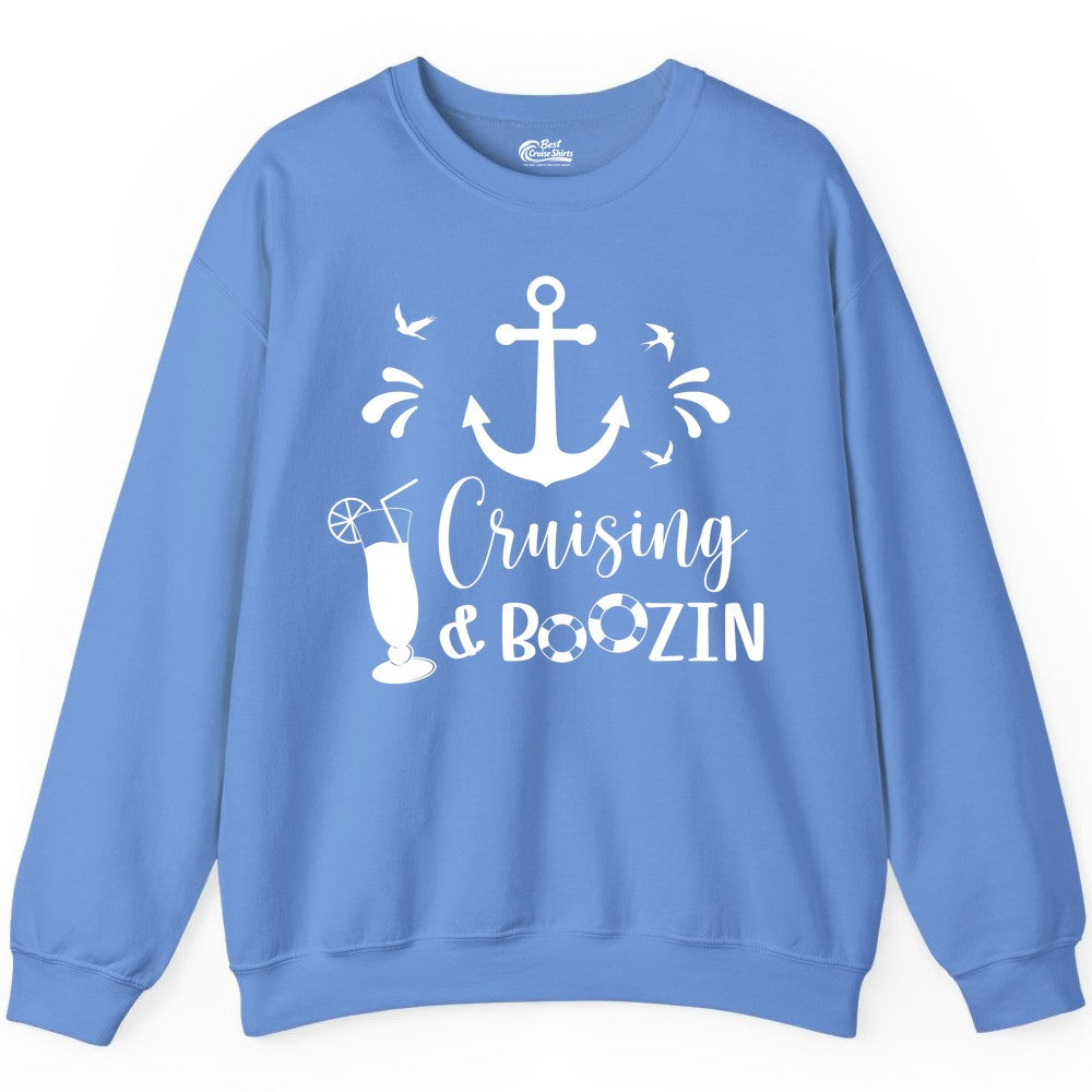Cruise Drinking Shirt - Funny Nautical Booze Cruise Party Apparel (Sweatshirt) in Carolina Blue - Cruising and Boozin Nautical Party Shirt with Anchor and Cocktail Art