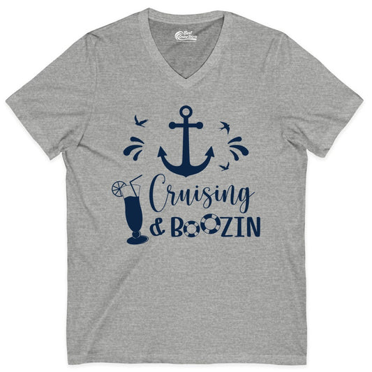 Cruise Drinking Shirt - Funny Nautical Booze Cruise Party Apparel (V-Neck) in Athletic Heather - Cruising and Boozin Nautical Party Shirt with Anchor and Cocktail Art