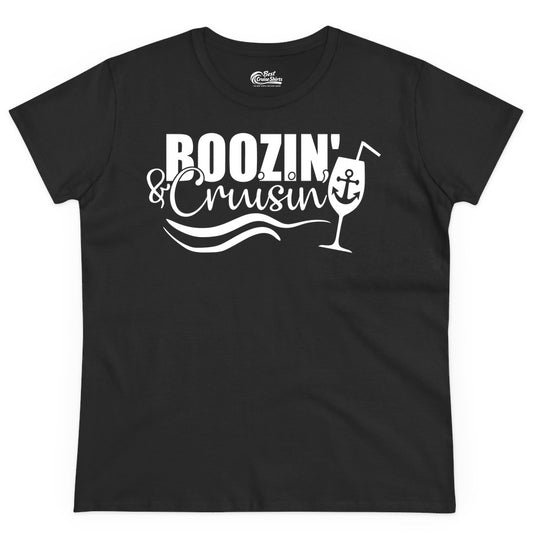 Boozin and Cruisin Shirt - Funny Cruise Drinking Shirt for Adults (Ladies Tee) in Black - Boozin and Cruisin Shirt - Nautical Cruise Drinking Humor Tee Design