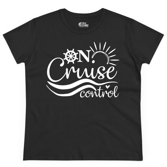 On Cruise Control Shirt - Fun Nautical Cruise Vacation Apparel Tee (Ladies Tee) in Black - On Cruise Control Shirt - Playful Nautical Sun and Waves Design