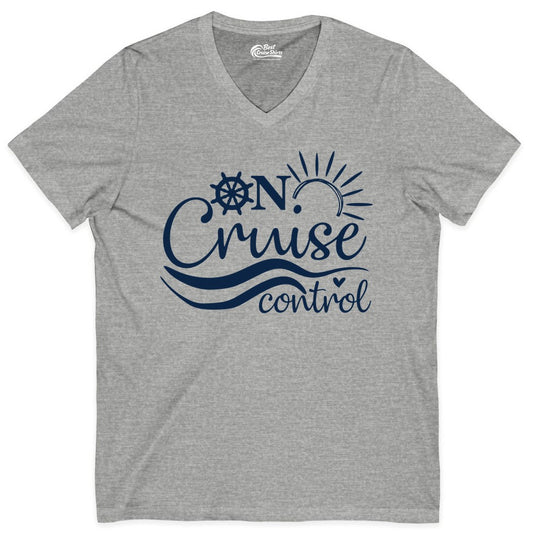 On Cruise Control Shirt - Fun Nautical Cruise Vacation Apparel Tee (V-Neck) in Athletic Heather - On Cruise Control Shirt - Playful Nautical Sun and Waves Design
