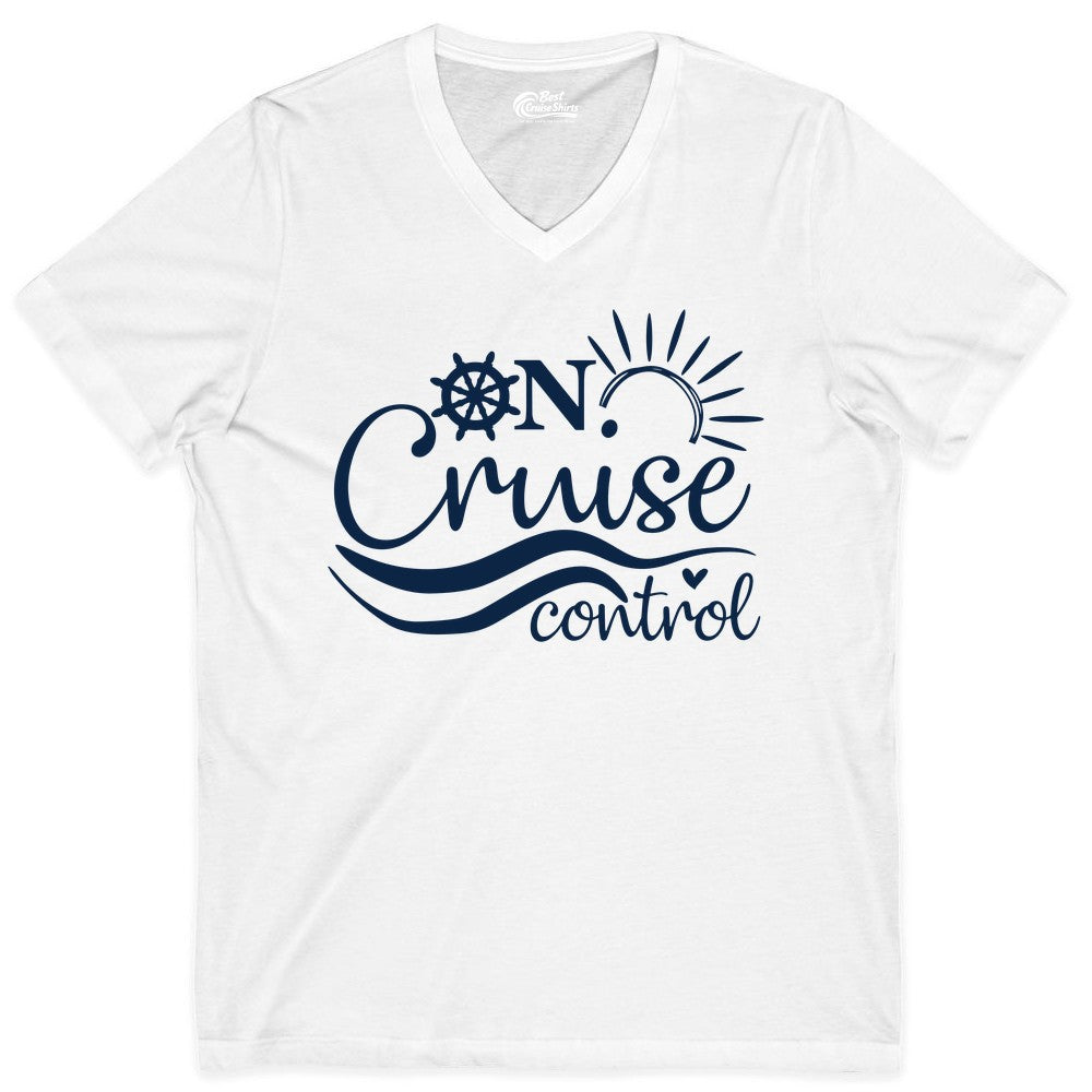 On Cruise Control Shirt - Fun Nautical Cruise Vacation Apparel Tee (V-Neck) in White - On Cruise Control Shirt - Playful Nautical Sun and Waves Design