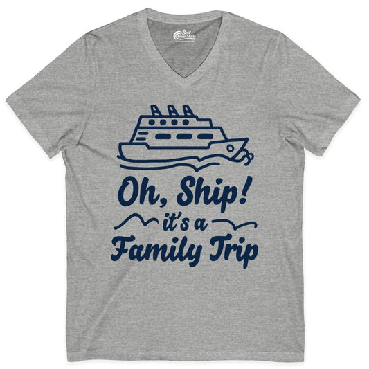 Family Cruise Shirts - Funny Cruise Trip Shirts for Family Vacation (V-Neck) in Athletic Heather - Oh Ship Its a Family Trip Cruise Vacation Matching Shirt