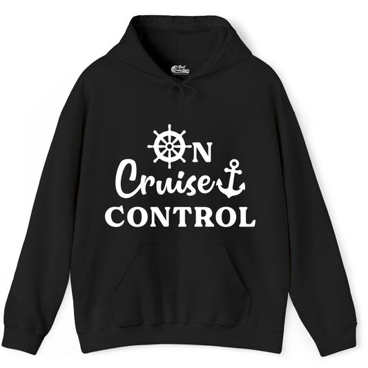 On Cruise Control Shirt - Fun Nautical Cruise Vacation Apparel (Hoodie) in Black - On Cruise Control Shirt - Nautical Icons and Bold White Lettering Tee