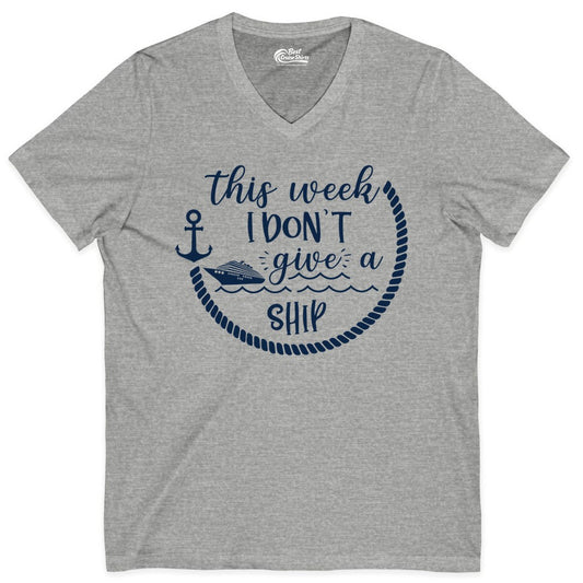 Funny Cruise Shirt - Humorous Nautical Pun Tee for Vacation (V-Neck) in Athletic Heather - This Week I Don’t Give a Ship Nautical Rope Funny Cruise Shirt
