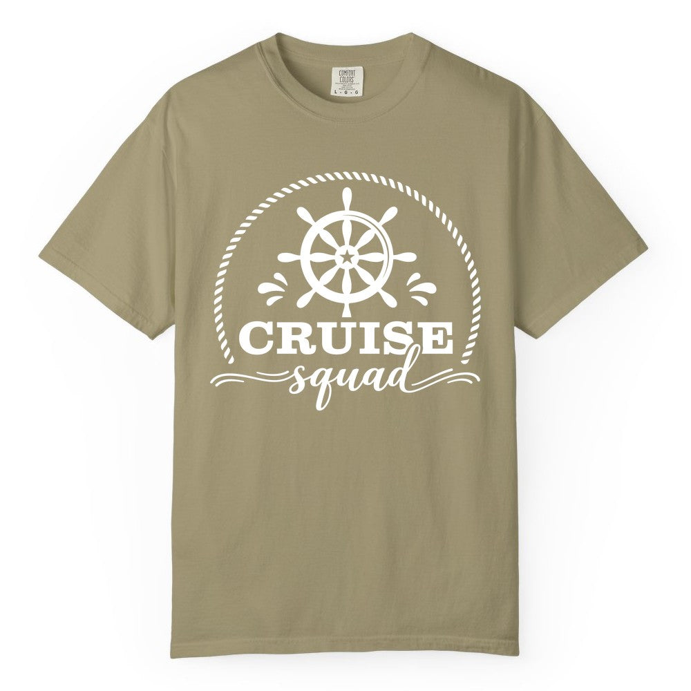 Cruise Squad Shirt - Nautical Wheel Group Cruise Apparel Matching (Comfort Color) in Khaki - Cruise Squad Nautical Wheel Shirt - Rope and Fun Script Group Apparel