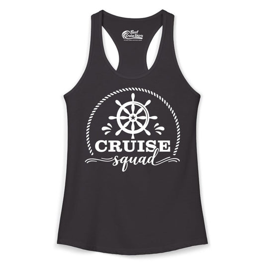 Cruise Squad Shirt - Nautical Wheel Group Cruise Apparel Matching (Ladies Tank) in Black - Cruise Squad Nautical Wheel Shirt - Rope and Fun Script Group Apparel