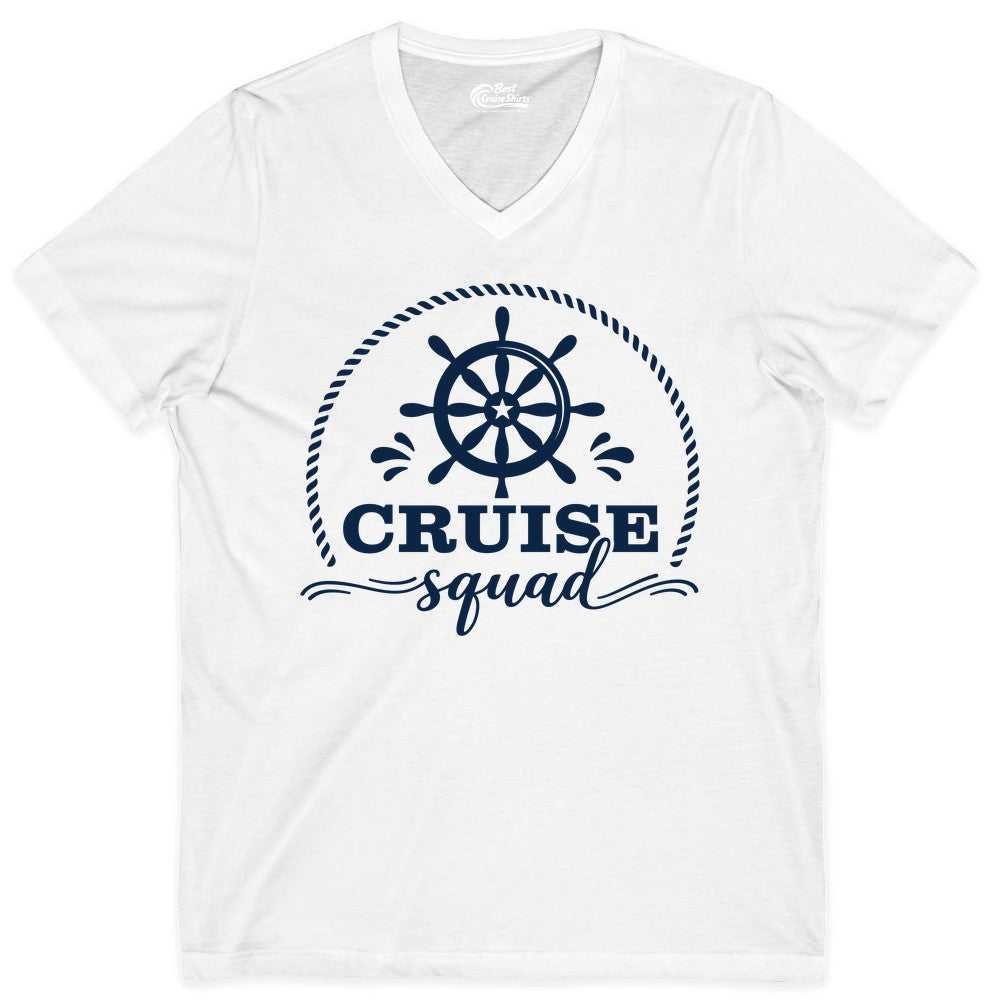 Cruise Squad Shirt - Nautical Wheel Group Cruise Apparel Matching (V-Neck) in White - Cruise Squad Nautical Wheel Shirt - Rope and Fun Script Group Apparel