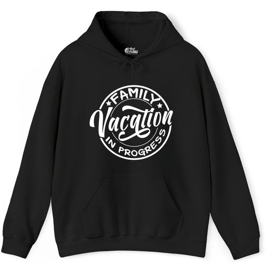 Family Vacation Shirt - Fun Family Travel Shirt for Holiday Trips (Hoodie) in Black - Family Vacation In Progress Bold Circular Stamp Travel Shirt