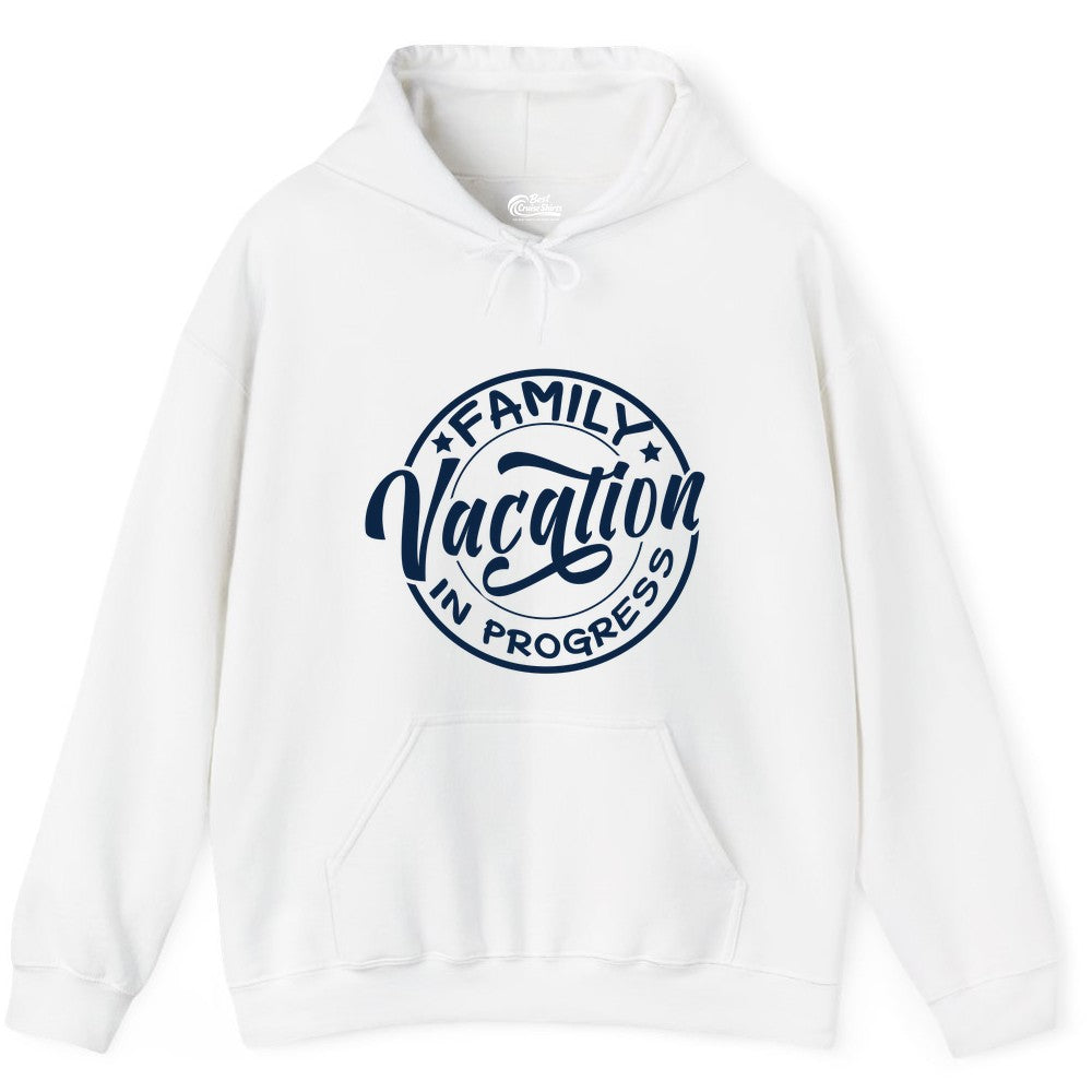 Family Vacation Shirt - Fun Family Travel Shirt for Holiday Trips (Hoodie) in White - Family Vacation In Progress Bold Circular Stamp Travel Shirt