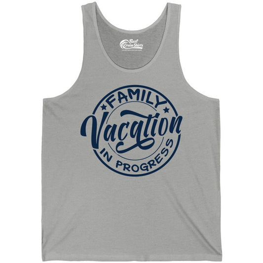 Family Vacation Shirt - Fun Family Travel Shirt for Holiday Trips (Tank Top) in Athletic Heather - Family Vacation In Progress Bold Circular Stamp Travel Shirt
