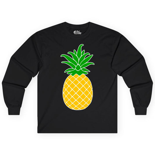 Pineapple Graphic Shirt - Tropical Fruit Apparel for Summer Fun (Long Sleeve) in Black - Cartoon Pineapple Graphic Shirt - Bold Tropical Fruit Summer Tee