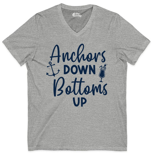 Anchors Down Bottoms Up Shirt - Funny Cruise Drinking Nautical Tee (V-Neck) in Athletic Heather - Anchors Down Bottoms Up Nautical Drinking Cruise Party Shirt