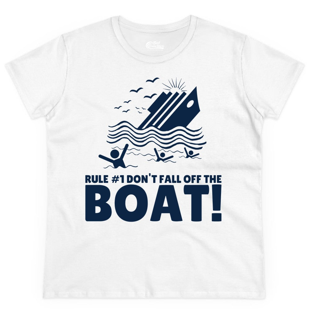 Funny Cruise Shirt - Humorous Sinking Ship Nautical Joke Tee (Ladies Tee) in White - Funny Cruise Ship Safety Warning Sinking Boat Cartoon Shirt