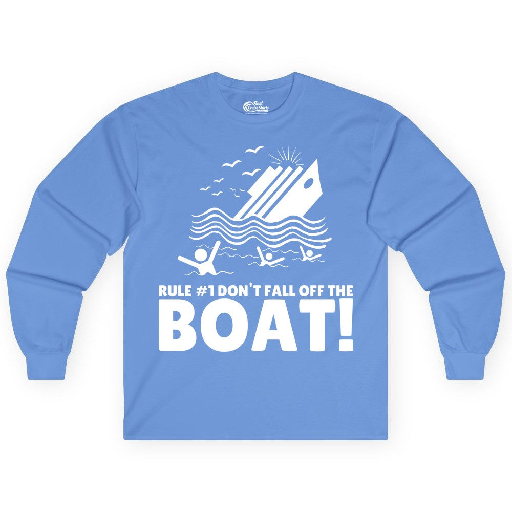 Funny Cruise Shirt - Humorous Sinking Ship Nautical Joke Tee (Long Sleeve) in Carolina Blue - Funny Cruise Ship Safety Warning Sinking Boat Cartoon Shirt