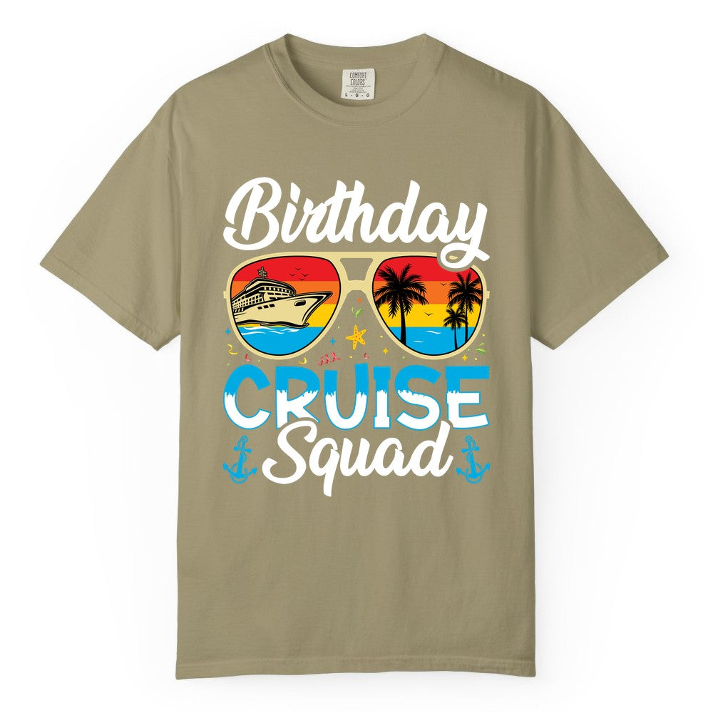 Birthday Cruise Shirt - Retro Cruise Squad Birthday Trip Apparel (Comfort Color) in Khaki - Birthday Cruise Squad Retro Sunglasses Tropical Group Shirt