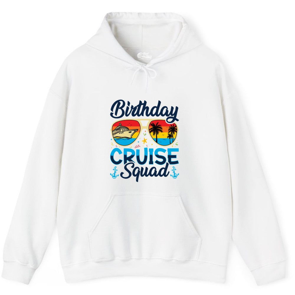 Birthday Cruise Shirt - Retro Cruise Squad Birthday Trip Apparel (Hoodie) in White - Birthday Cruise Squad Retro Sunglasses Tropical Group Shirt
