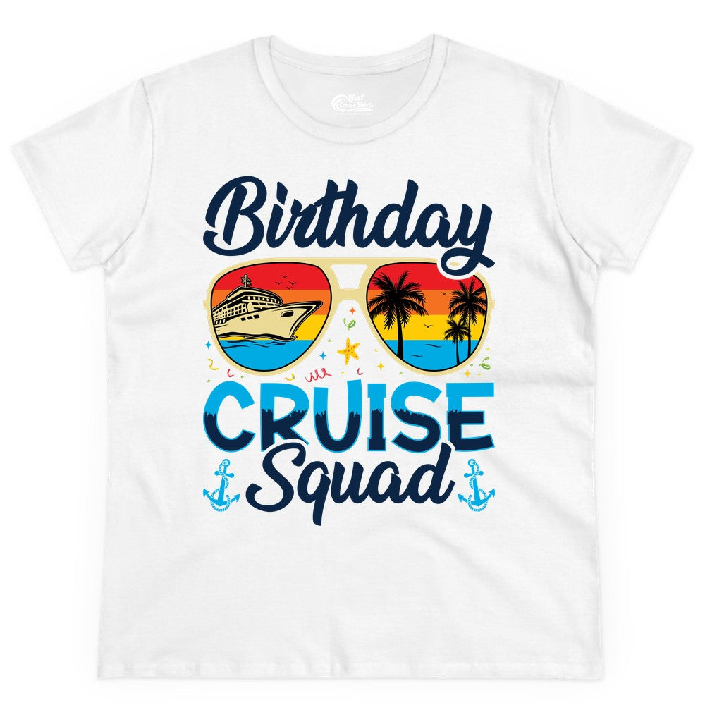 Birthday Cruise Shirt - Retro Cruise Squad Birthday Trip Apparel (Ladies Tee) in White - Birthday Cruise Squad Retro Sunglasses Tropical Group Shirt