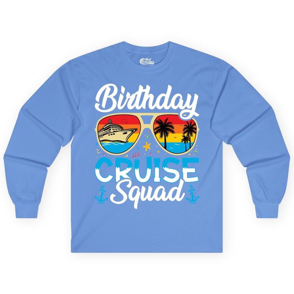 Birthday Cruise Shirt - Retro Cruise Squad Birthday Trip Apparel (Long Sleeve) in Carolina Blue - Birthday Cruise Squad Retro Sunglasses Tropical Group Shirt