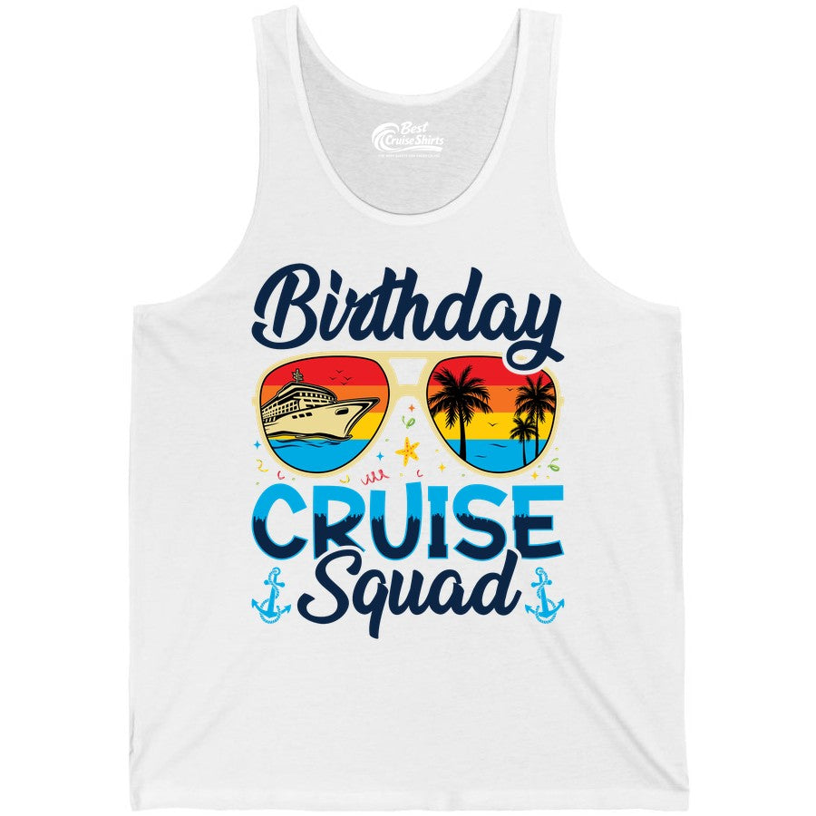 Birthday Cruise Shirt - Retro Cruise Squad Birthday Trip Apparel (Tank Top) in White - Birthday Cruise Squad Retro Sunglasses Tropical Group Shirt