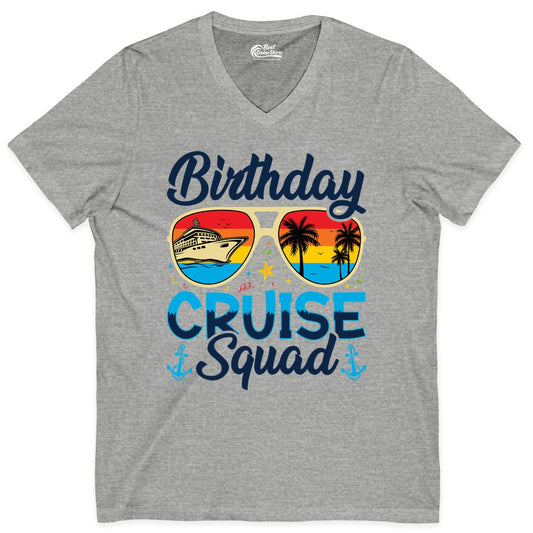 Birthday Cruise Shirt - Retro Cruise Squad Birthday Trip Apparel (V-Neck) in Athletic Heather - Birthday Cruise Squad Retro Sunglasses Tropical Group Shirt