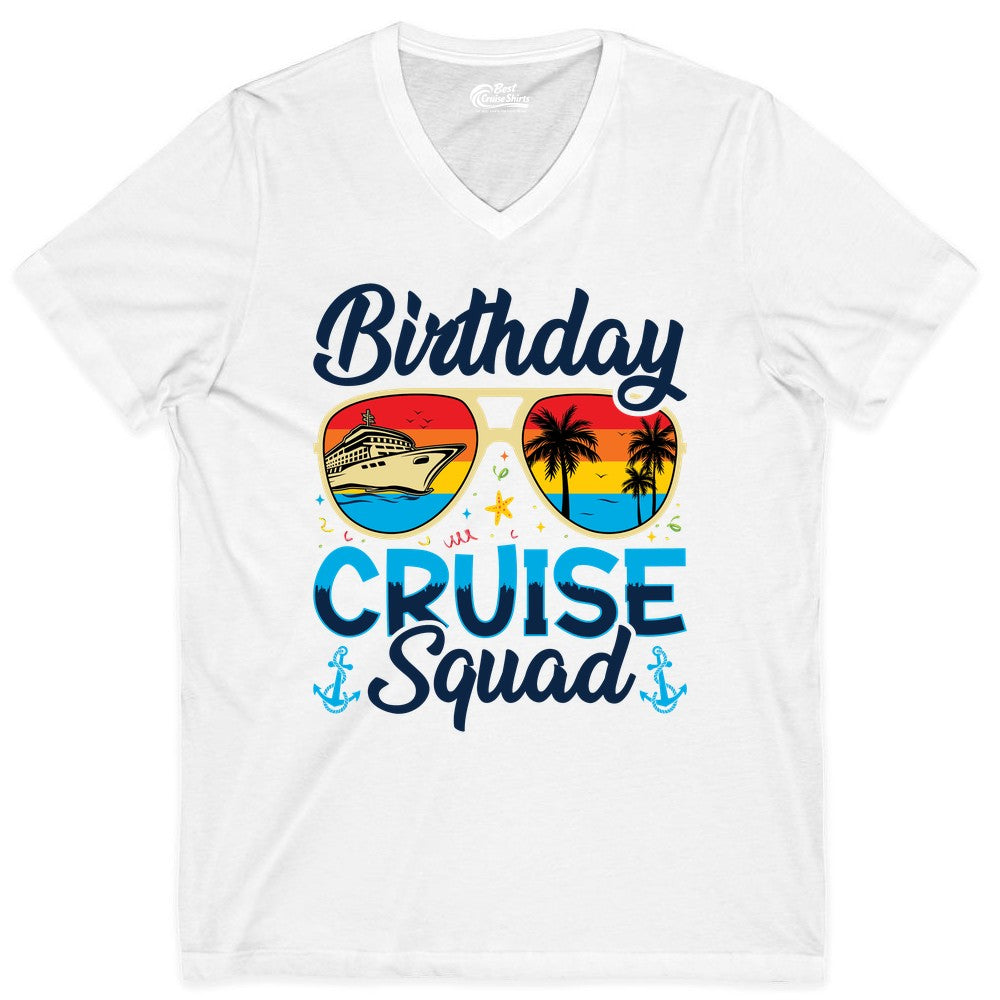 Birthday Cruise Shirt - Retro Cruise Squad Birthday Trip Apparel (V-Neck) in White - Birthday Cruise Squad Retro Sunglasses Tropical Group Shirt