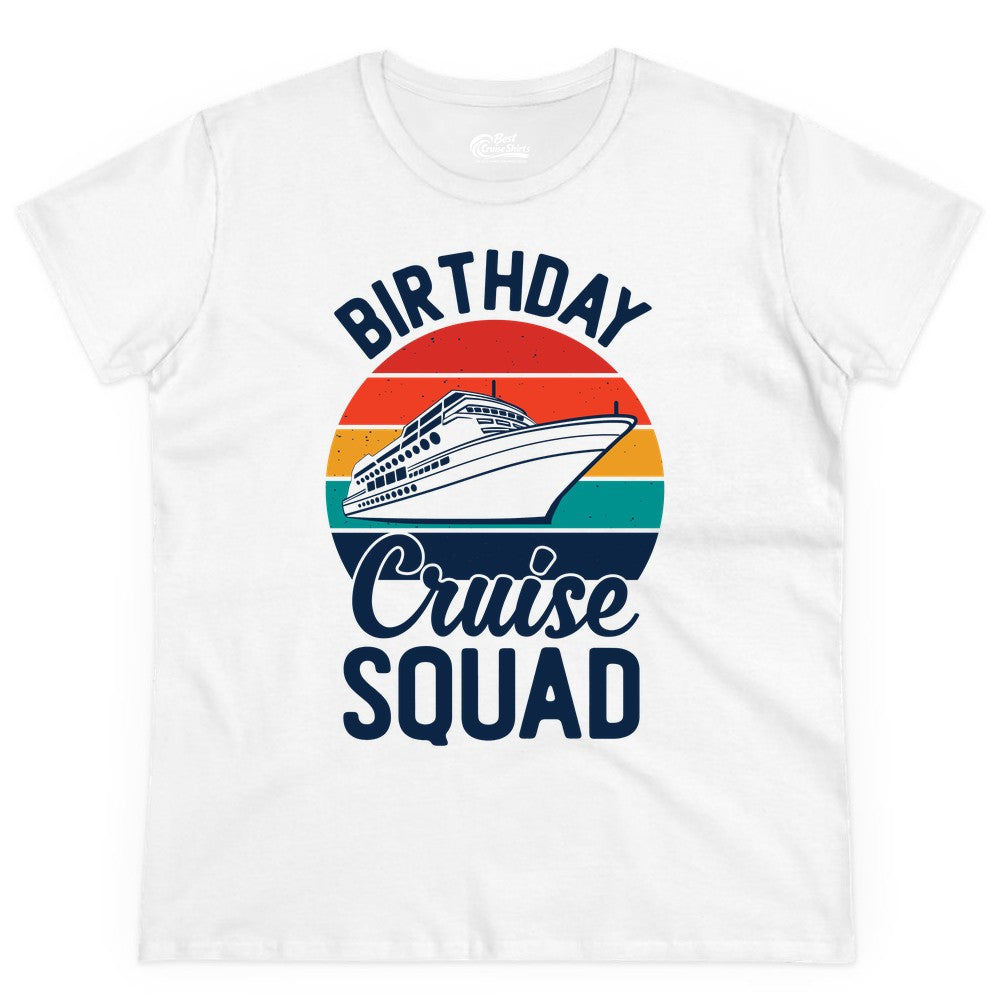 Birthday Cruise Squad Shirt - Retro Sunset Group Cruise Party Tee (Ladies Tee) in White - Birthday Cruise Squad Retro Sunset Distressed Cruise Ship Shirt