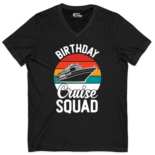 Birthday Cruise Squad Shirt - Retro Sunset Group Cruise Party Tee (V-Neck) in Black - Birthday Cruise Squad Retro Sunset Distressed Cruise Ship Shirt