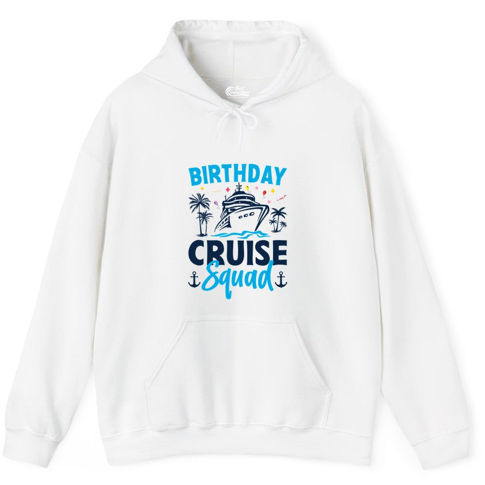 Birthday Cruise Squad Shirt - Tropical Birthday Cruise Apparel (Hoodie) in White - Birthday Cruise Squad Shirt with Ship Palm Trees Balloons Nautical Icons